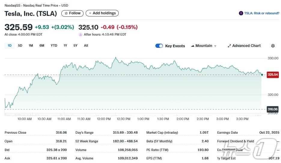 본문 이미지 - 테슬라 일일 주가추이 - 야후 파이낸스 갈무리