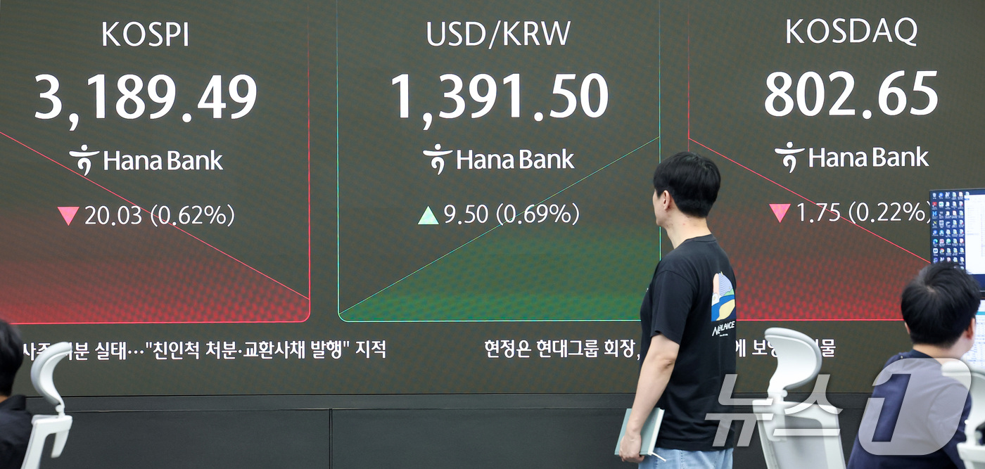 (서울=뉴스1) 김성진 기자 = 29일 서울 중구 하나은행 본점에서 개장 시황이 나오고 있다.이날 코스피는 오전 9시 5분 기준 코스피는 전일 종가와 비교해 31.76포인트(0.9 …
