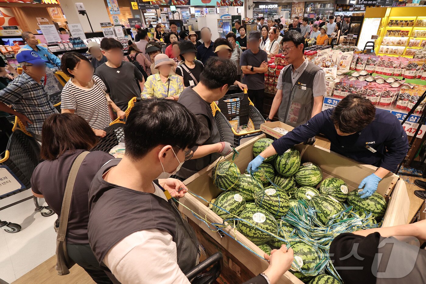 본문 이미지 - &#39;고래잇 페스타 세일&#39;이 시작된 29일 서울 이마트 용산점에서 고객들이 수박을 구매하고 있다. 이마트는 오는 8월 3일까지 국산·수입 삼겹살, 화장지, 달걀을 비롯해 수박, 복숭아 등 신선품목 등을 할인판매한다. ⓒ News1 김성진 기자