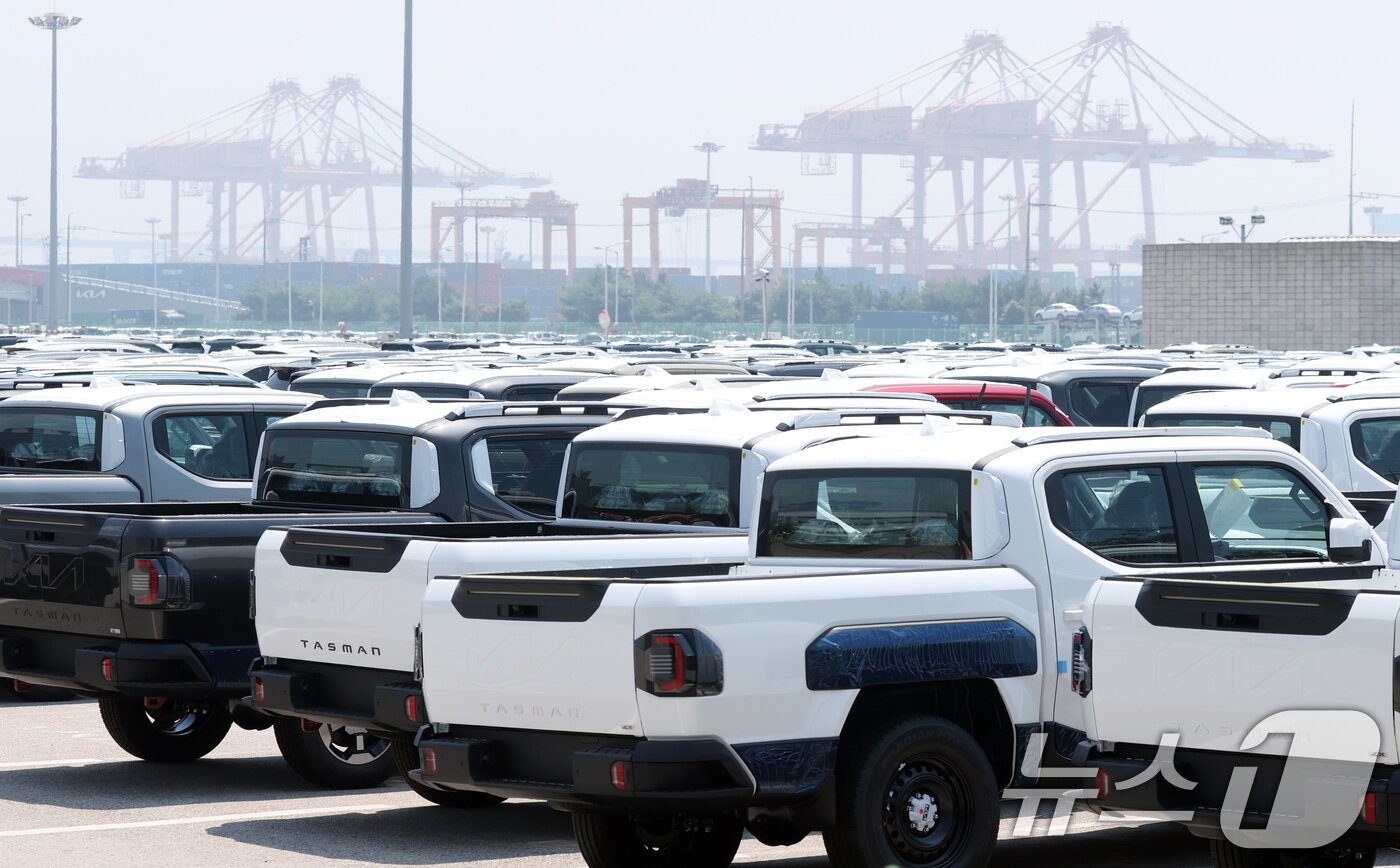 본문 이미지 - 미국의 상호관세 유예 종료시한을 3일 앞둔 29일 경기 평택시 포승읍 평택항에 수출용 차량이 세워져 있다. 2025.7.29/뉴스1 ⓒ News1 김영운 기자