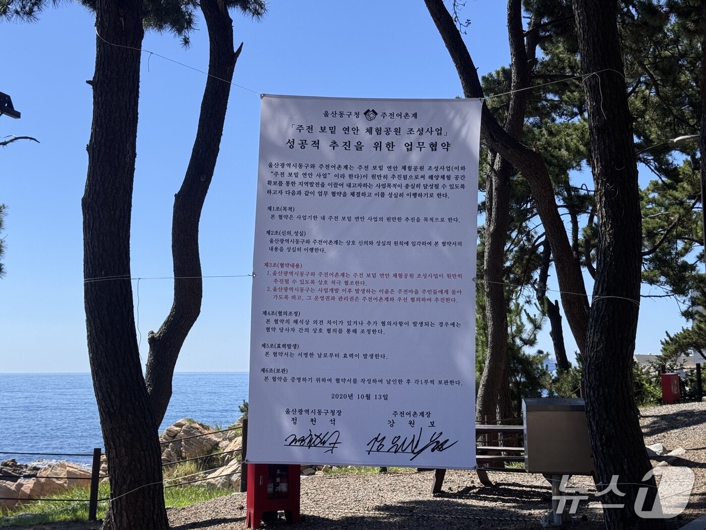 본문 이미지 - 울산 동구 주전보밑 피크닉장에 '주전보밑 연안 체험공원 조성사업 성공적 추진을 위한 업무협약서' 내용이 담긴 현수막이 내걸려 있다.2025.7.29./뉴스1 ⓒ News1 김세은 기자