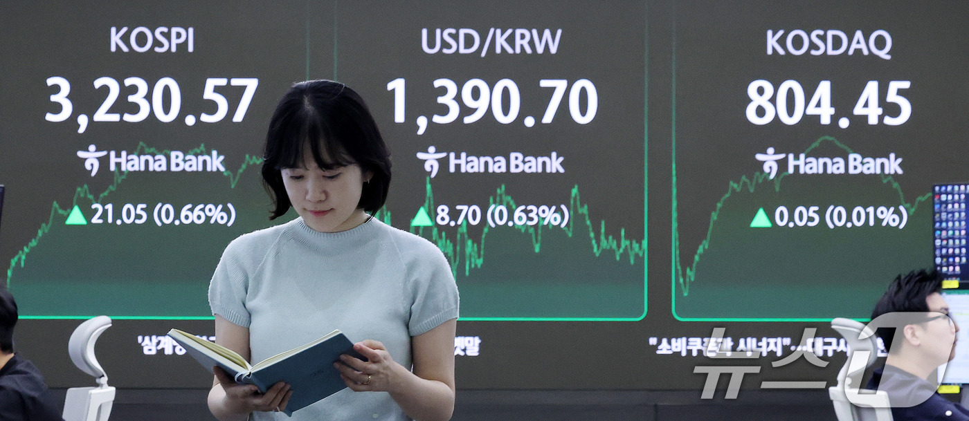 (서울=뉴스1) 박지혜 기자 = 29일 오후 서울 중구 하나은행 딜링룸 전광판에 코스피 지수가 전일 대비 21.05포인트(0.66%) 오른 3,230.57을 나타내고 있다.코스피는 …