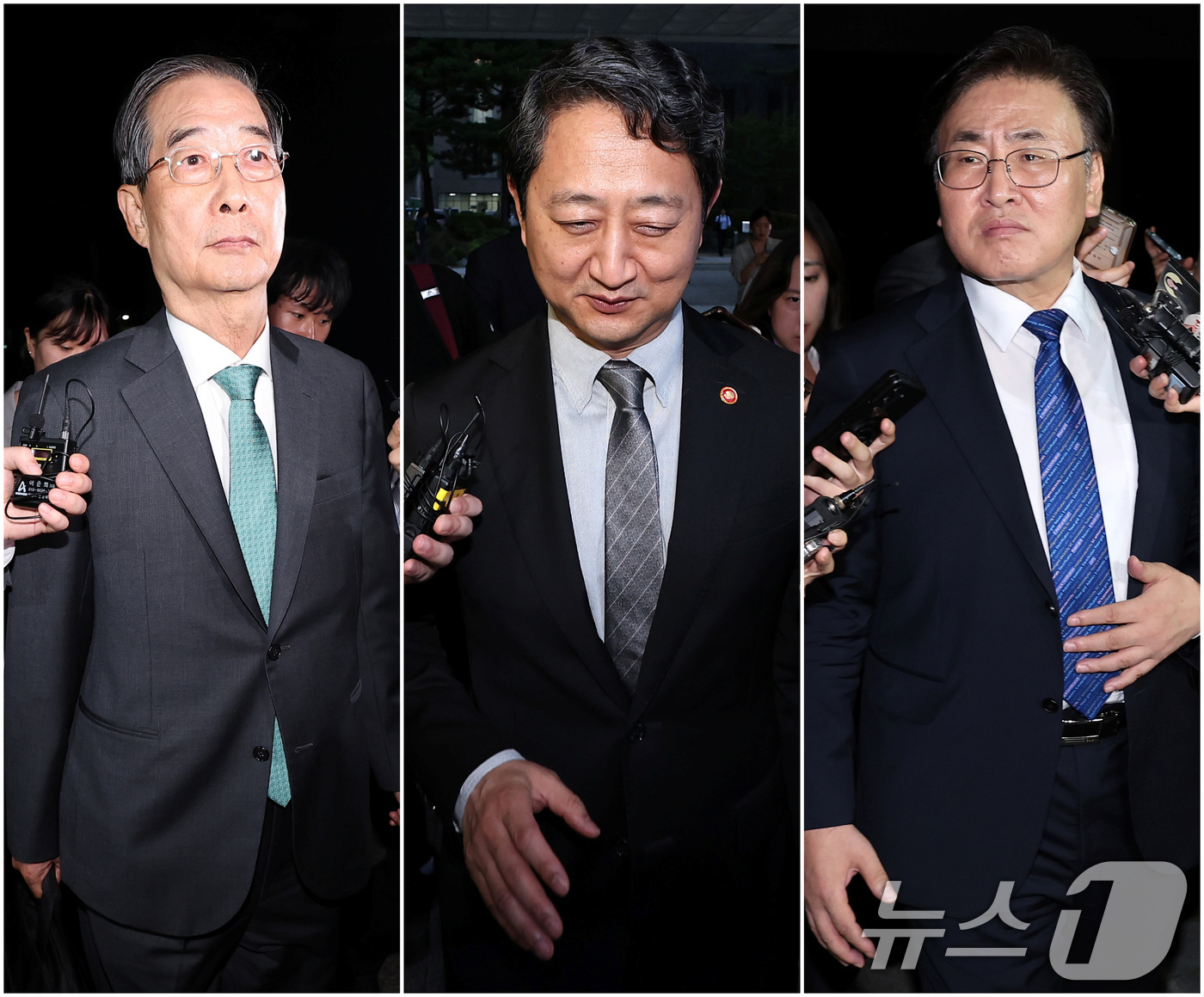 (서울=뉴스1) 김성진 기자 = 한덕수 전 국무총리(왼쪽부터), 안덕근 산업통상자원부 장관, 유상임 과학기술정보통신부 장관이 2일 서울 서초구 서울고등검찰청에 마련된 내란특검 사무 …