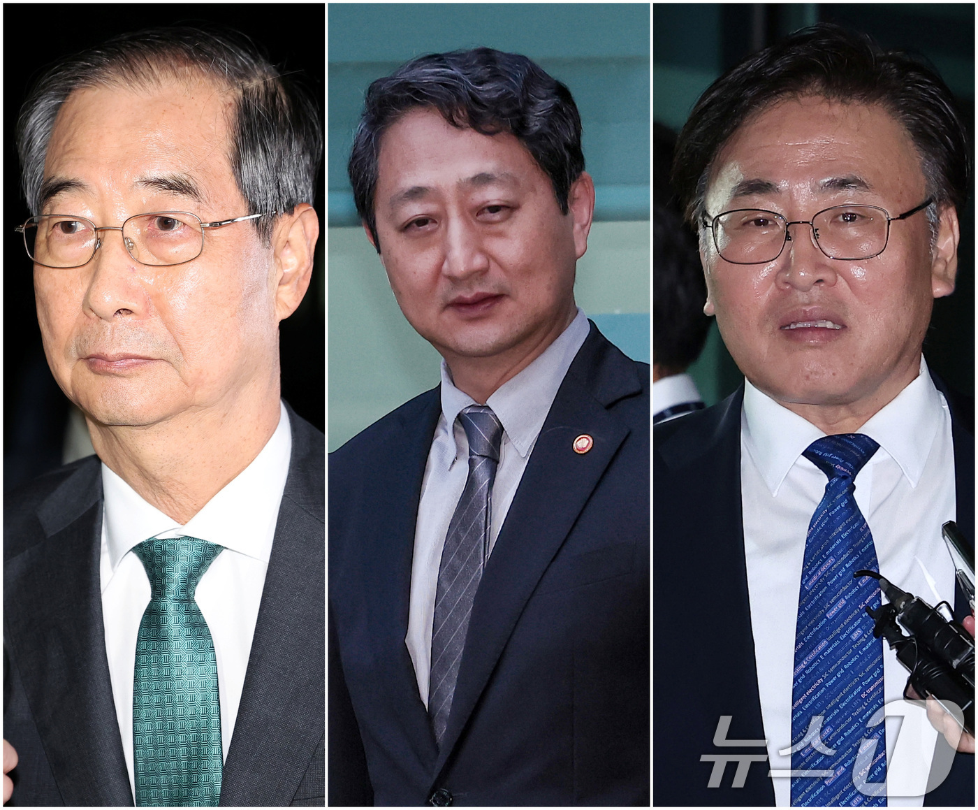 (서울=뉴스1) 김성진 기자 = 한덕수 전 국무총리(왼쪽부터), 안덕근 산업통상자원부 장관, 유상임 과학기술정보통신부 장관이 2일 서울 서초구 서울고등검찰청에 마련된 내란특검 사무 …