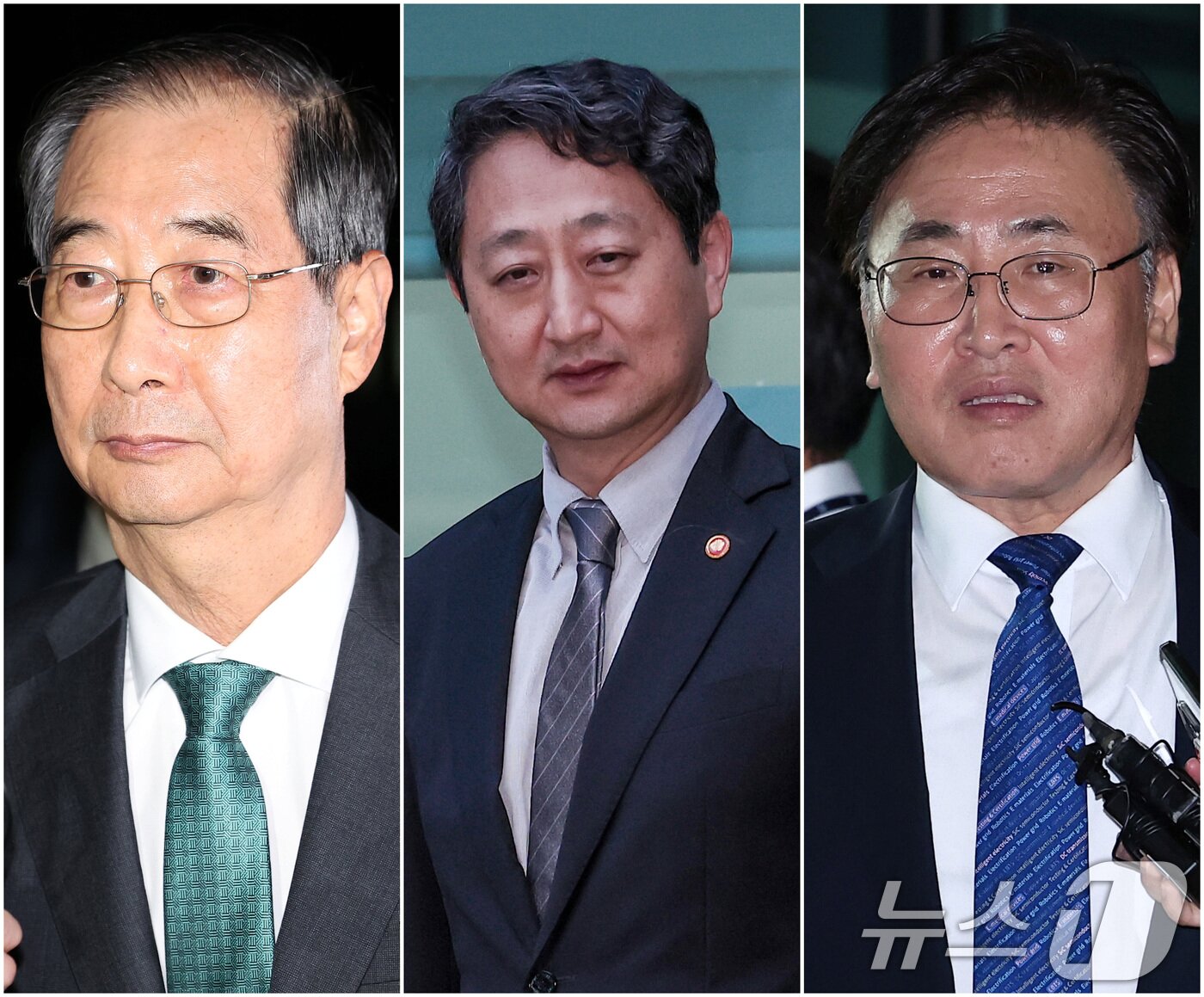본문 이미지 - 한덕수 전 국무총리&#40;왼쪽부터&#41;, 안덕근 산업통상자원부 장관, 유상임 과학기술정보통신부 장관이 2일 서울 서초구 서울고등검찰청에 마련된 내란특검 사무실에서 조사를 받은 후 귀가하고 있다. 2025.7.3/뉴스1 ⓒ News1 김성진 기자