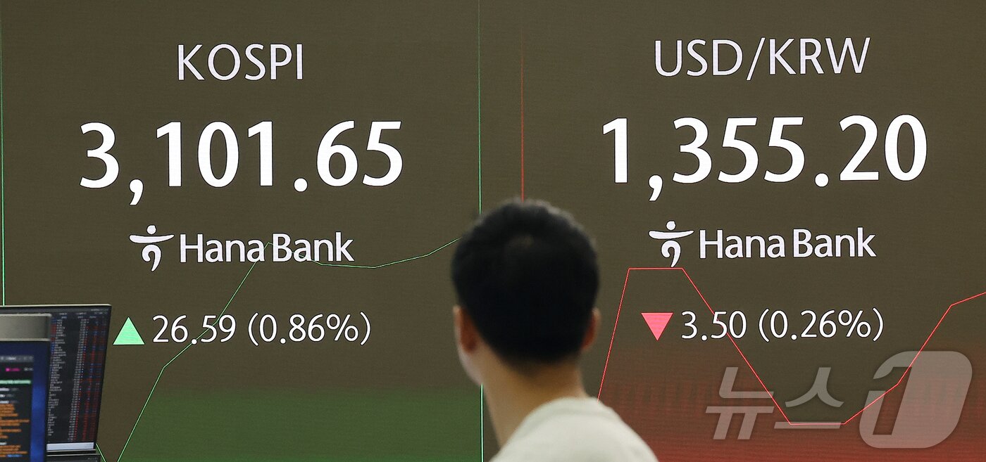 본문 이미지 - 3일 오전 서울 중구 하나은행 딜링룸 전광판에 개장 시황이 나오고 있다. 2025.7.3/뉴스1 ⓒ News1 김진환 기자