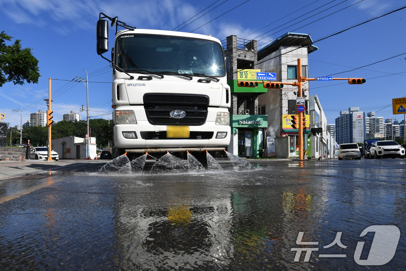 (포항=뉴스1) 최창호 기자 = 3일 오전 경북 포항시 전역에 폭염경보가 발령 중인 가운데 북구 포항국제전시컨벤션센터 공사 현장 앞 도로에서 살수차가 도로에 물을 뿌리고 있다. 2 …