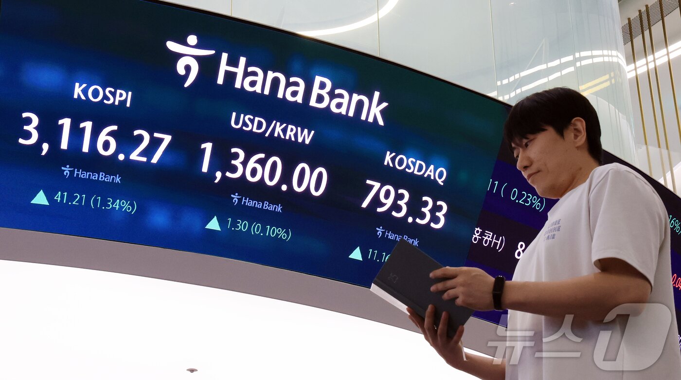 본문 이미지 - 서울 중구 하나은행 본점 딜링룸 전광판./뉴스1 ⓒ News1 김진환 기자