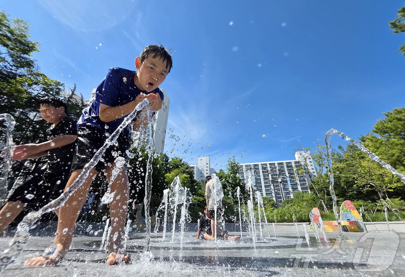 (광주=뉴스1) 박지현 기자 = 찜통 더위가 이어지고 있는 30일 광주 북구 일곡동 들샘 어린이공원 바닥분수에서 아이들이 물놀이를 하며 더위를 식히고 있다.(광주 북구 제공. 재판 …