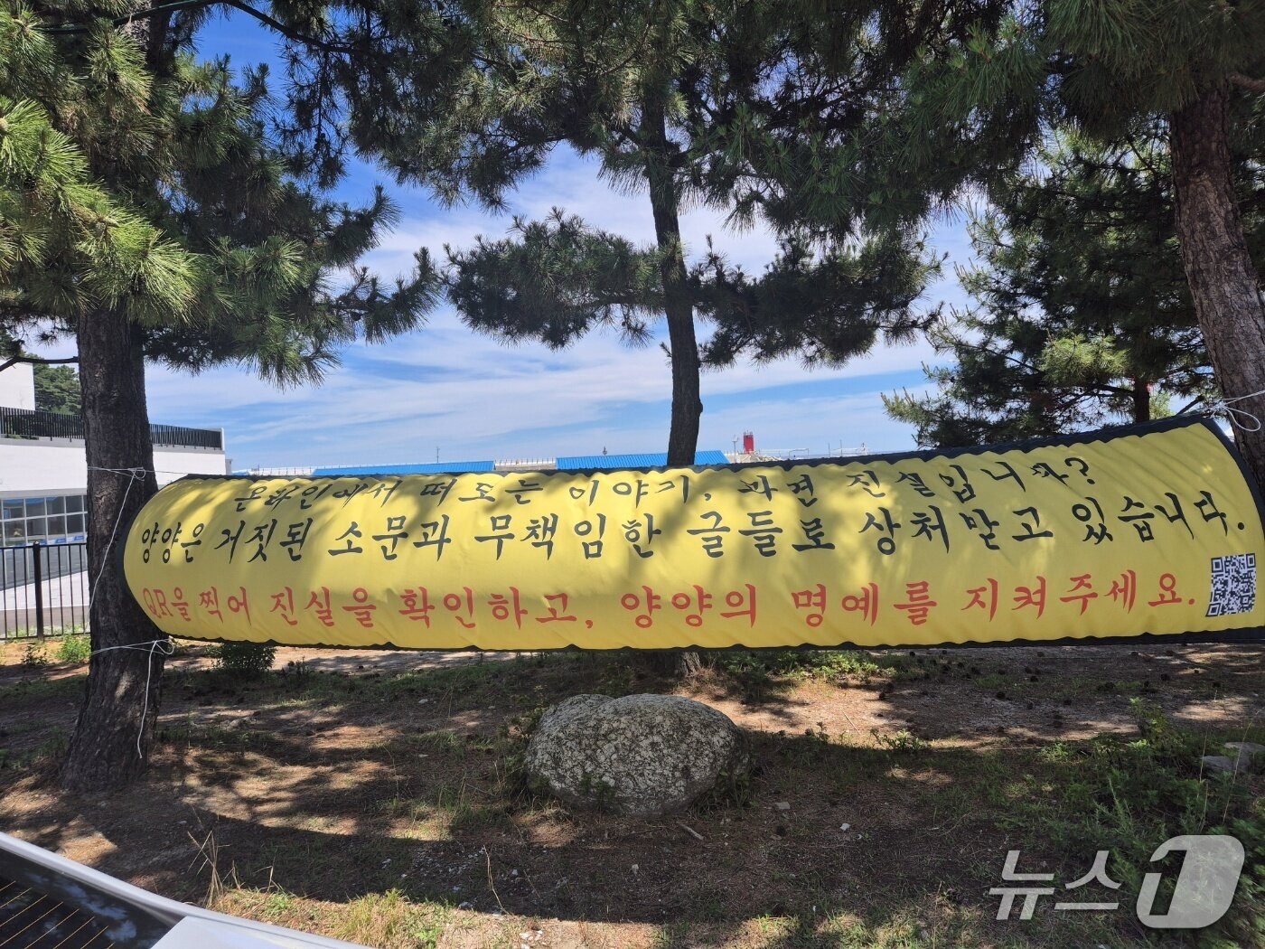 본문 이미지 - 지난 22일 강원 양양군 현남면 인구해수욕장에 악의적 여론에 반박하는 내용의 현수막이 내걸려 있다. &#40;뉴스1 DB&#41;