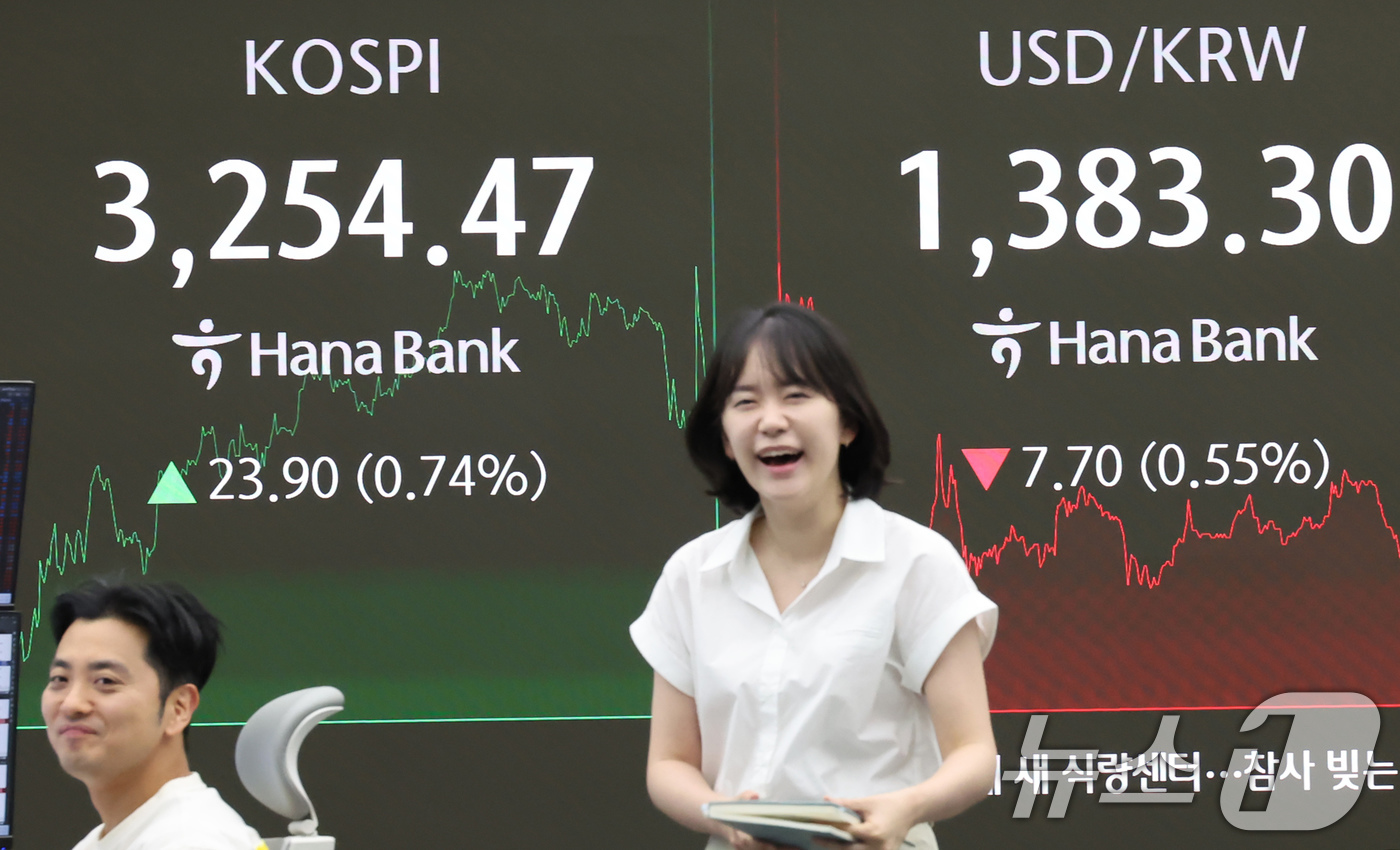 (서울=뉴스1) 장수영 기자 = 30일 오후 서울 중구 하나은행 딜링룸에 코스피 종가와 원달러환율이 표시되고 있다.이날 코스피는 장중 3269.40까지 오르며 연고점을 갱신했다. …