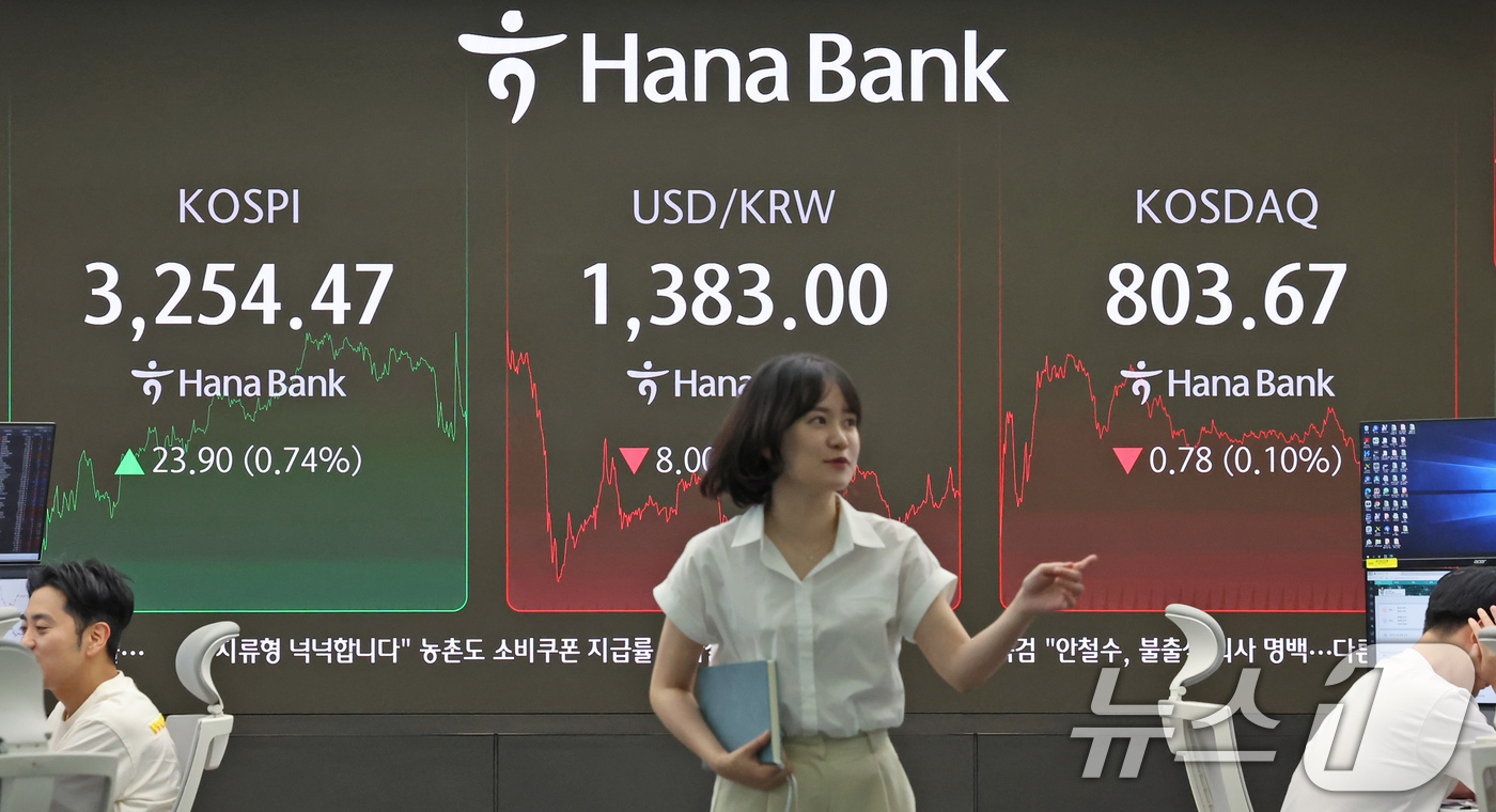 (서울=뉴스1) 장수영 기자 = 30일 오후 서울 중구 하나은행 딜링룸에 코스피, 코스닥 종가와 원달러환율이 표시되고 있다.이날 코스피는 장중 3269.40까지 오르며 연고점을 갱 …