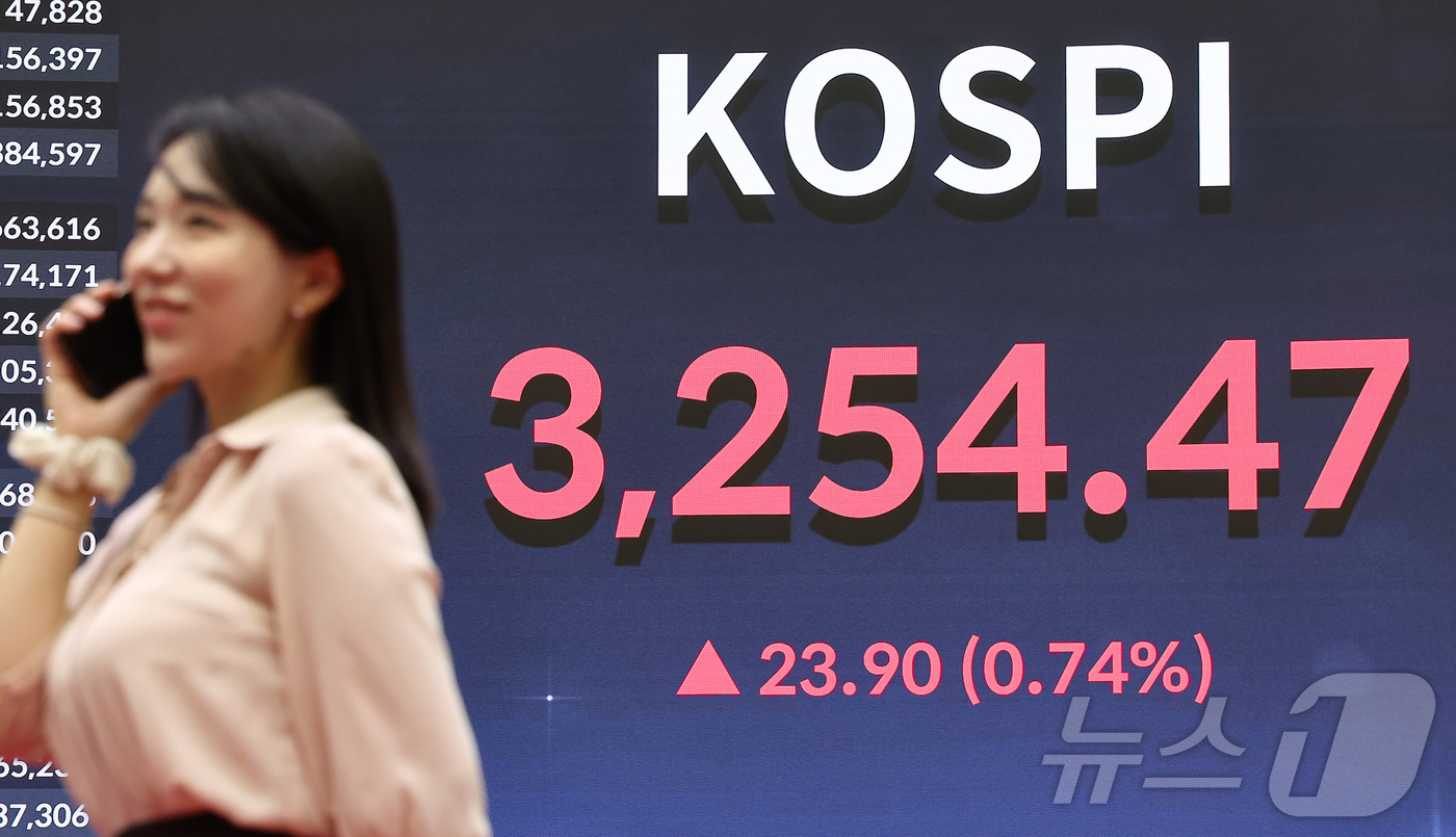 (서울=뉴스1) 김도우 기자 = 30일 서울 영등포구 한국거래소 전광판에 증시 종가가 표시되고 있다.이날 코스피는 전 거래일 대비 23.90포인트(0.74%) 상승한 3254.47 …