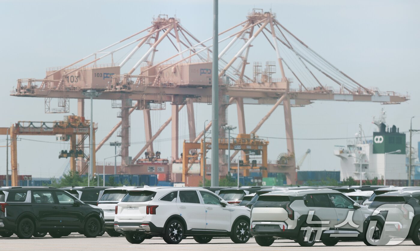 본문 이미지 - 한국산 제품에 대한 &#39;상호관세&#39;를 25%에서 15%로 낮추는 것을 골자로 한 한미 무역 협상이 타결됐다.  사진은 경기 평택시 포승읍 평택항에 수출용 차량이 세워져 있는 모습. 2025.7.31/뉴스1 ⓒ News1 김영운 기자