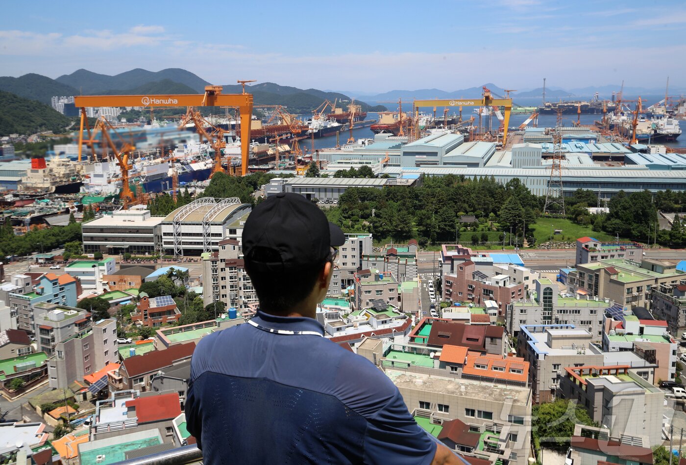 본문 이미지 - 대미 수출 관세 인하와 조선업 투자를 골자로 한 한미 무역 협상이 타결된 31일 한 시민이 경남 거제시 아주동 주거단지 너머로 한화오션 거제사업장 대형 크레인을 바라보고 있다. 2025.7.31/뉴스1 ⓒ News1 윤일지 기자