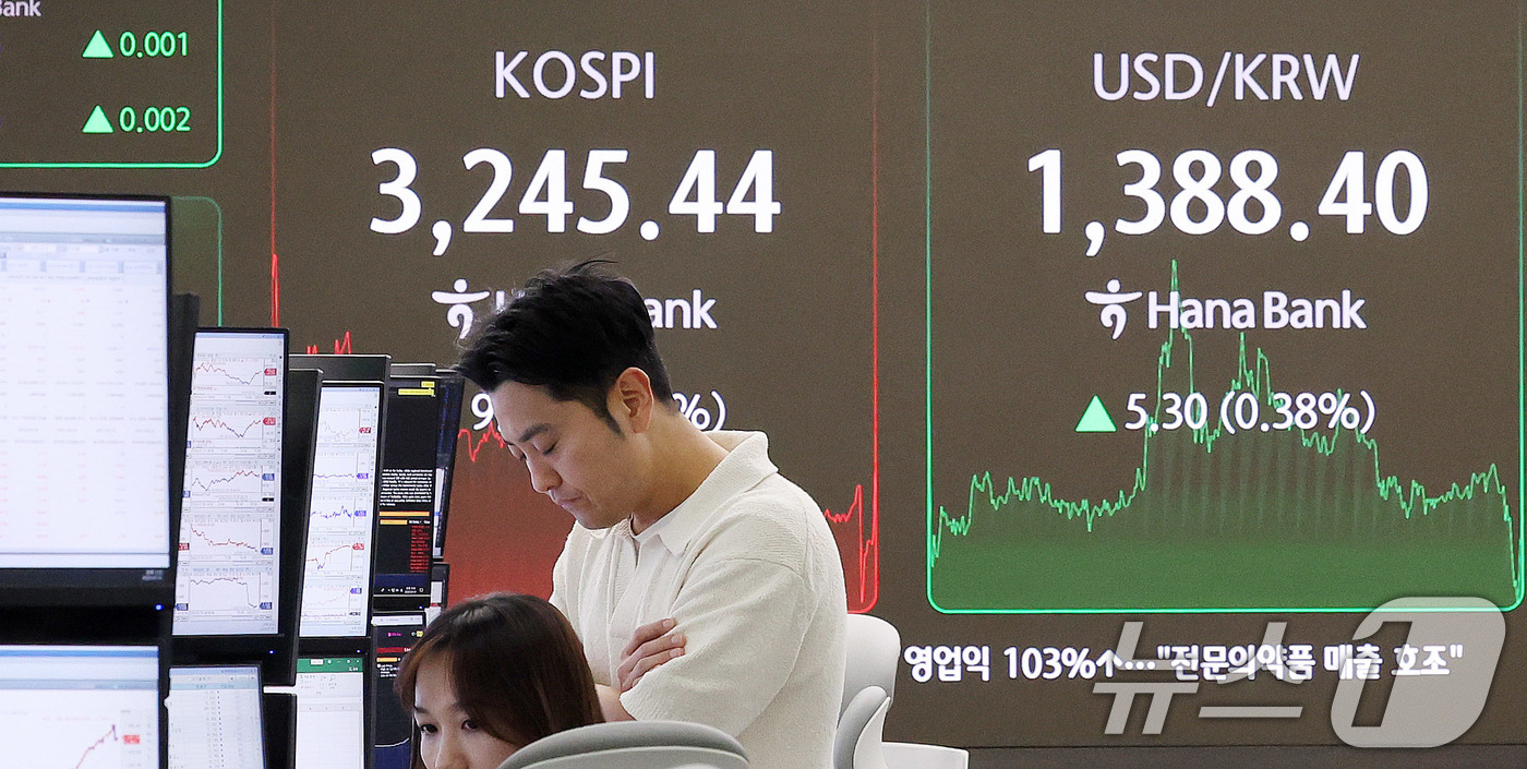 (서울=뉴스1) 박지혜 기자 = 31일 오후 서울 중구 하나은행 딜링룸 전광판에 코스피 지수가 전 거래일(3254.47)보다 9.03포인트(0.28%) 내린 3245.44를 나타내 …