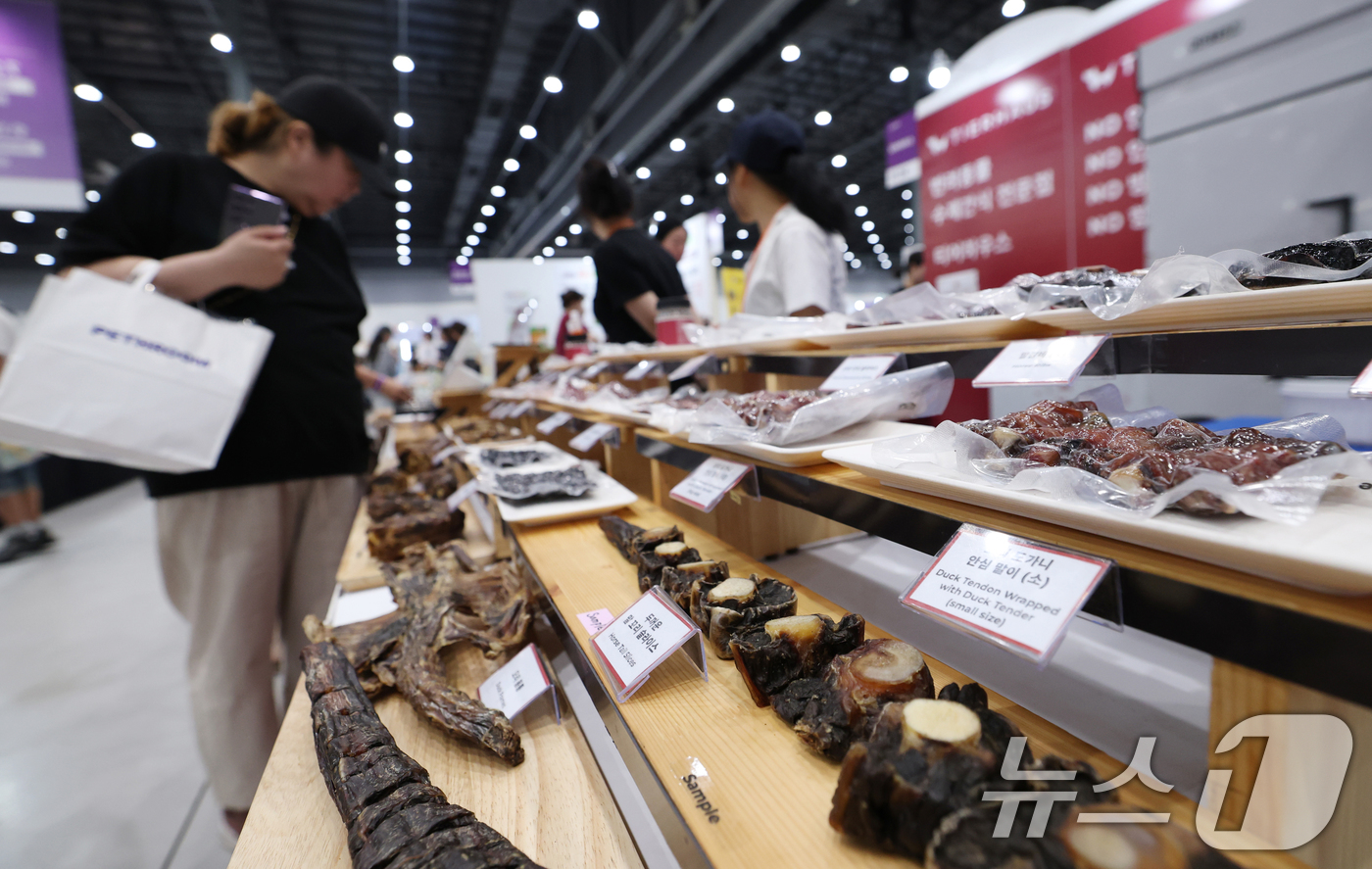 (수원=뉴스1) 김영운 기자 = 4일 경기 수원시 권선구 수원메쎄에서 열린 '2025 케이펫페어 수원 시즌2'을 찾은 관람객들이 다양한 반려동물 용품을 살펴보고 있다. 2025.7 …