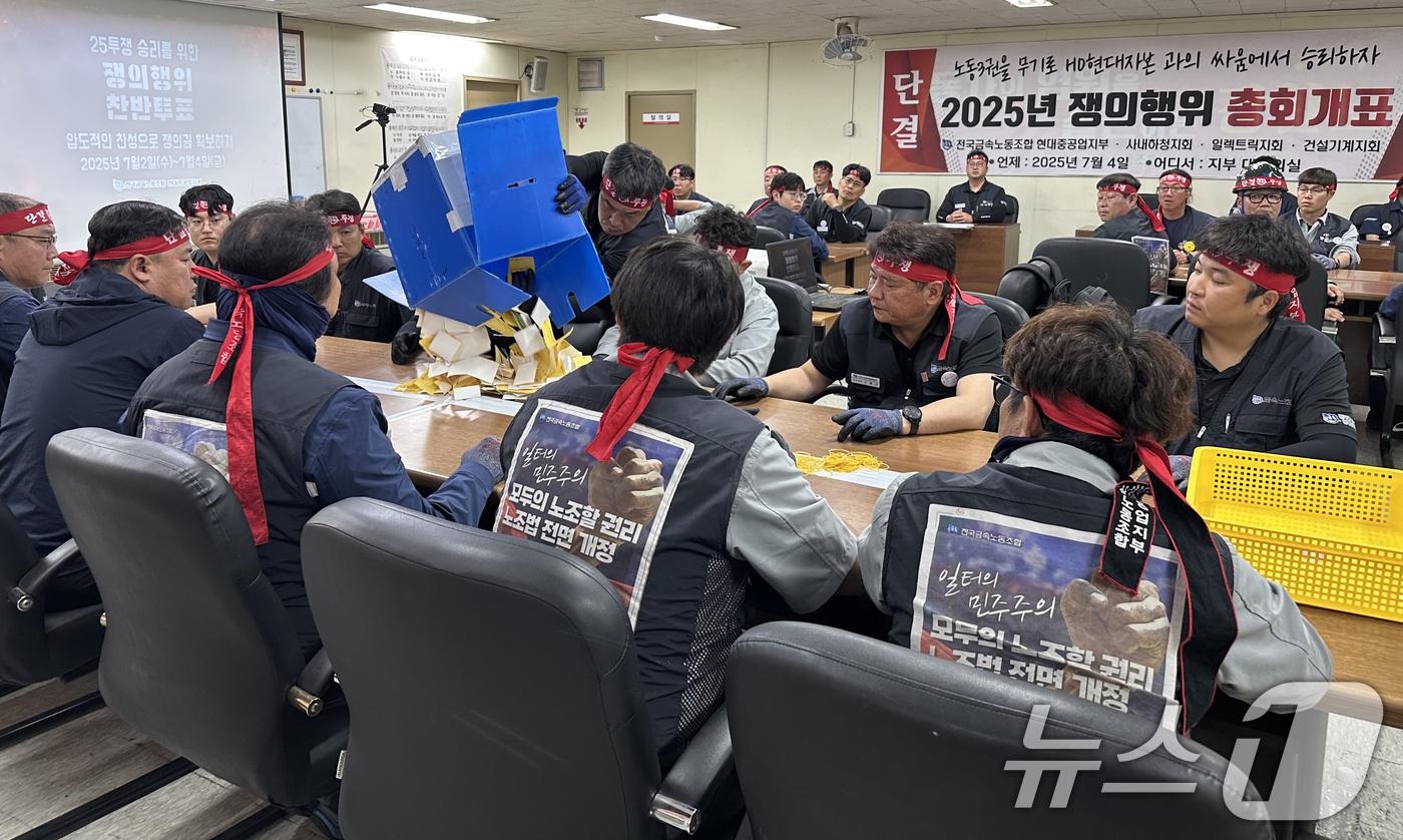 (울산=뉴스1) 조민주 기자 = 4일 울산시 동구 HD현대중공업 노동조합 지부 대회의실에서 파업 찬반투표 개표가 진행되고 있다. 투표 결과 전체 조합원 7539명 중 5050명( …