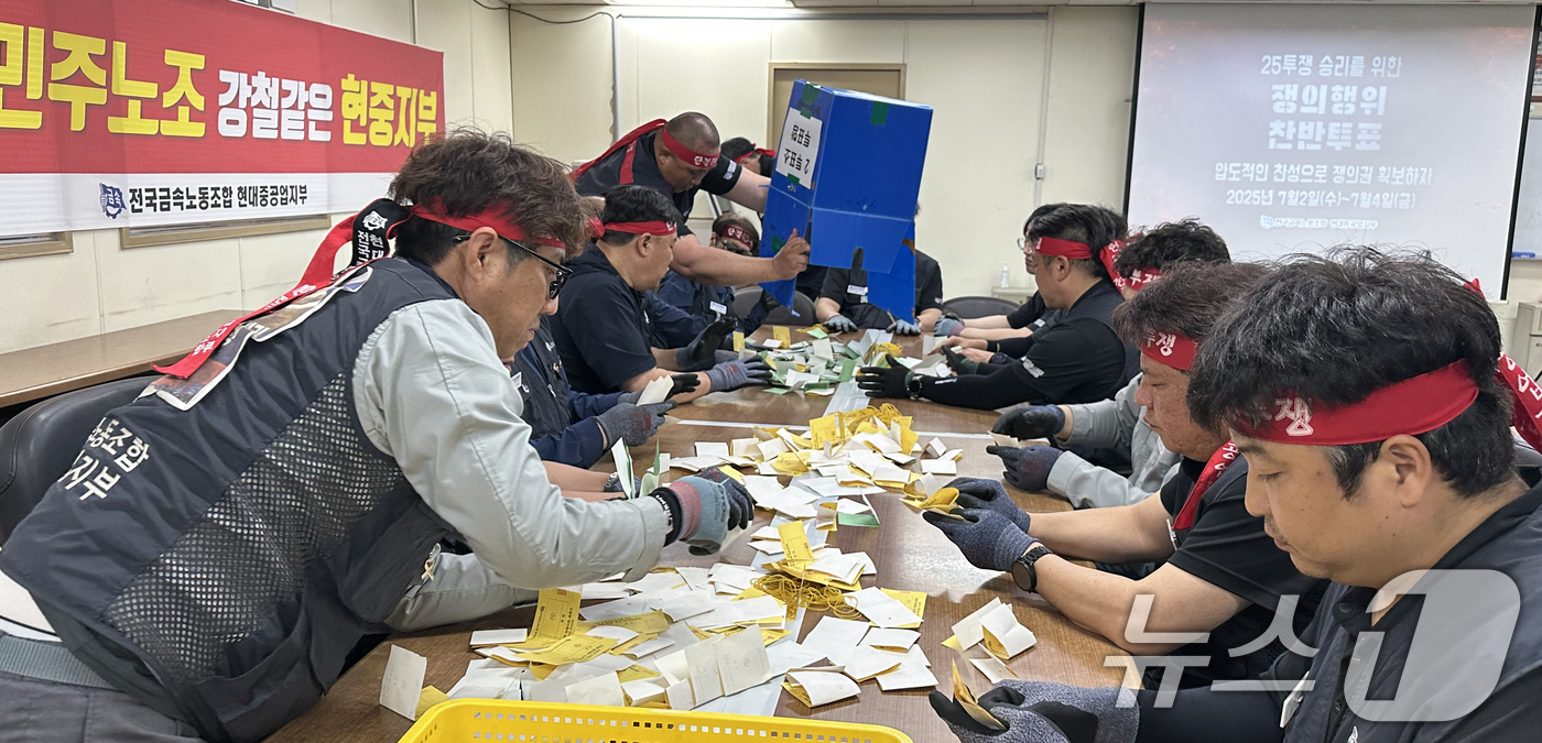 (울산=뉴스1) 조민주 기자 = 4일 울산시 동구 HD현대중공업 노동조합 지부 대회의실에서 파업 찬반투표 개표가 진행되고 있다.  투표 결과 전체 조합원 7539명 중 5050명( …