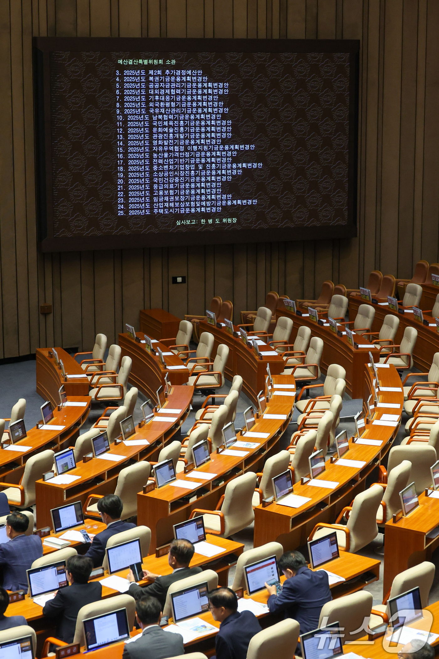 (서울=뉴스1) 안은나 기자 = 우원식 국회의장이 4일 오후 서울 여의도 국회에서 열린 제426회국회(임시회) 제5차 본회의에서 국민의힘이 개의 지연에 항의하며 불참한 가운데 20 …