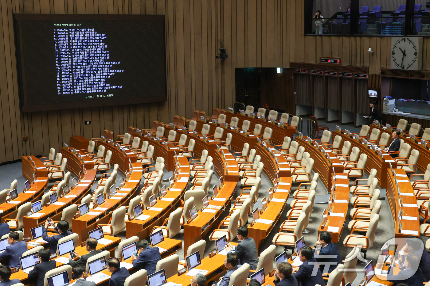 (서울=뉴스1) 안은나 기자 = 4일 오후 서울 여의도 국회에서 열린 제426회국회(임시회) 제5차 본회의에 국민의힘이 개의 지연에 항의하며 불참한 가운데 한병도 국회 예결위원장의 …