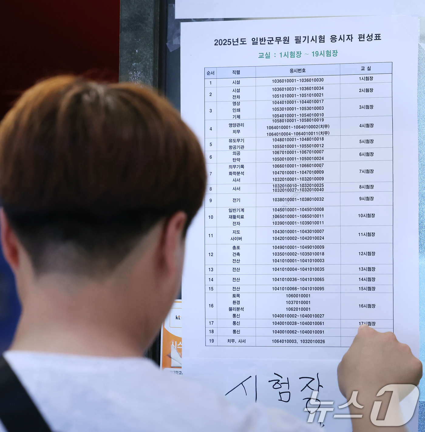 (서울=뉴스1) 장수영 기자 = 국방부와 각 군 본부에서 주관하는 2025년도 군무원 채용 필기시험일인 5일 서울 성북구 서경대에 마련된 시험장에서 응시자가 편성표를 확인하고 있다 …