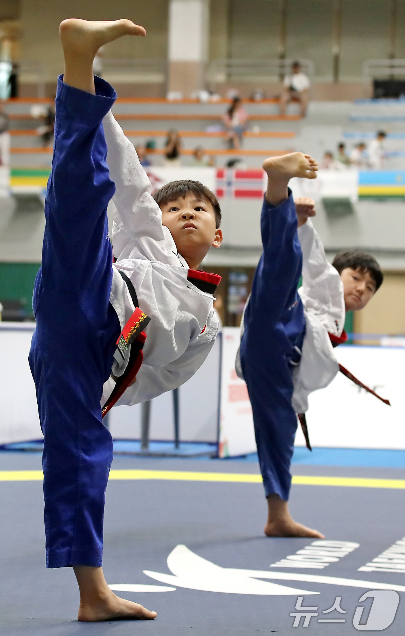(대구=뉴스1) 공정식 기자 = 6일 대구 달서구 계명대 성서캠퍼스에서 열린 '대구 2025 세계대학태권도 페스티벌'에서 공인품새 부문에 출전한 초등부 선수들이 기량을 선보이고 있 …
