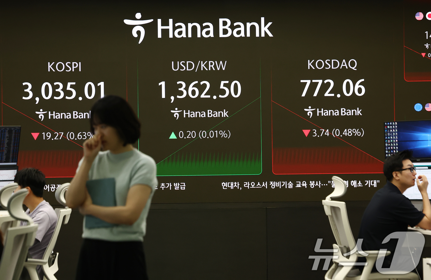 (서울=뉴스1) 김민지 기자 = 미국 트럼프 정부의 국가별 상호관세 유예 만료를 앞둔 7일 오전 서울 중구 하나은행 딜링룸 전광판에 개장 시황이 나오고 있다.이날 코스피는 전 거래 …