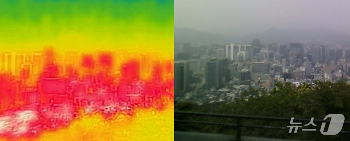 (서울=뉴스1) 이승배 기자 = 서울 전역에 올 여름 첫 폭염경보가 발령된 7일 서울 남산에서 열화상 카메라로 바라본(왼쪽 사진) 서울 도심이 높은 온도로 빨갛게 보이고 있다.폭염 …