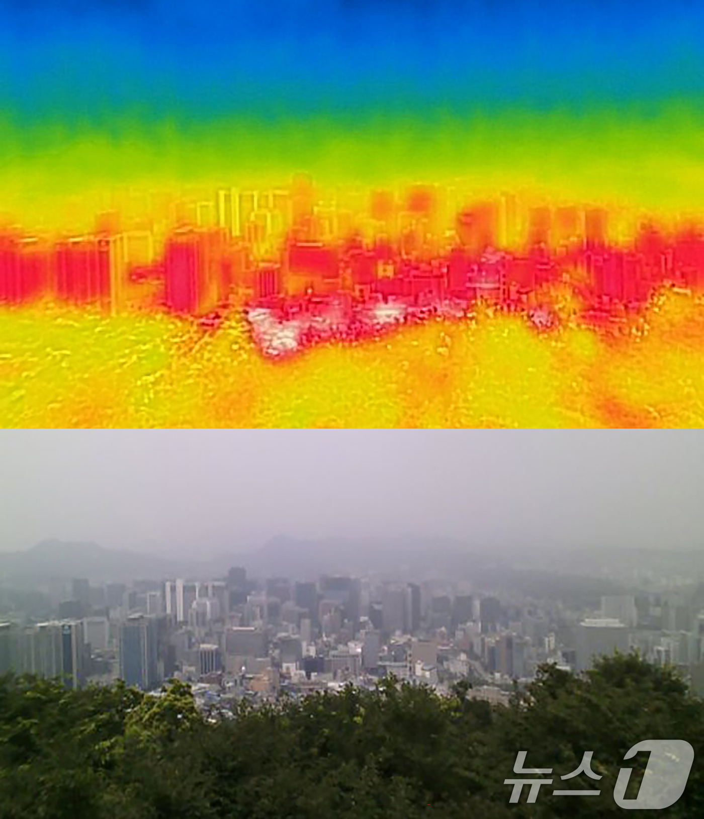 (서울=뉴스1) 이승배 기자 = 서울 전역에 올 여름 첫 폭염경보가 발령된 7일 서울 남산에서 열화상 카메라로 바라본(위 사진) 서울 도심이 높은 온도로 빨갛게 보이고 있다.폭염경 …