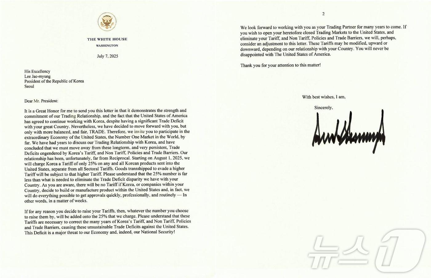(워싱턴=뉴스1) 류정민 특파원 = 도널드 트럼프 미국 대통령이 7일(현지시간) 소셜미디어 트루스소셜에 한국에 대한 상호관세 부과를 알리는 서한을 공개했다. 트럼프는 이재명 대통령 …
