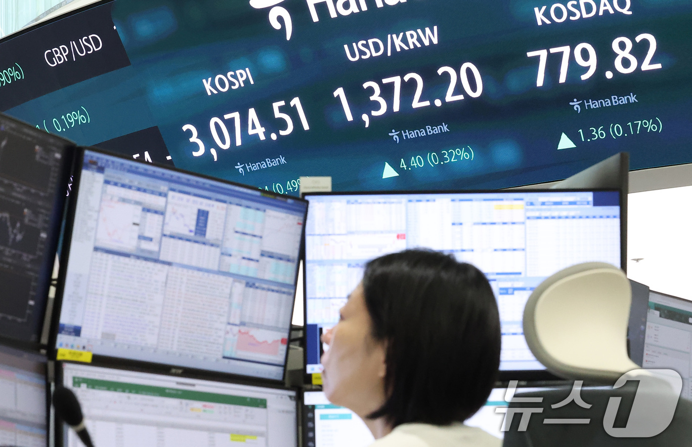 (서울=뉴스1) 김성진 기자 = 도널드 트럼프 미국 대통령이 오는 8월 1일부터 모든 한국산 제품에 25%의 상호관세를 부과하겠다고 통보한 8일 오전 서울 중구 하나은행 딜링룸 전 …