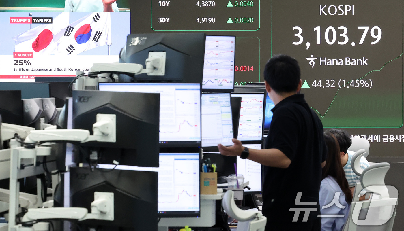 (서울=뉴스1) 김성진 기자 = 도널드 트럼프 미국 대통령이 오는 8월 1일부터 모든 한국산 제품에 25%의 상호관세를 부과하겠다고 통보한 8일 오전 서울 중구 하나은행 딜링룸 전 …