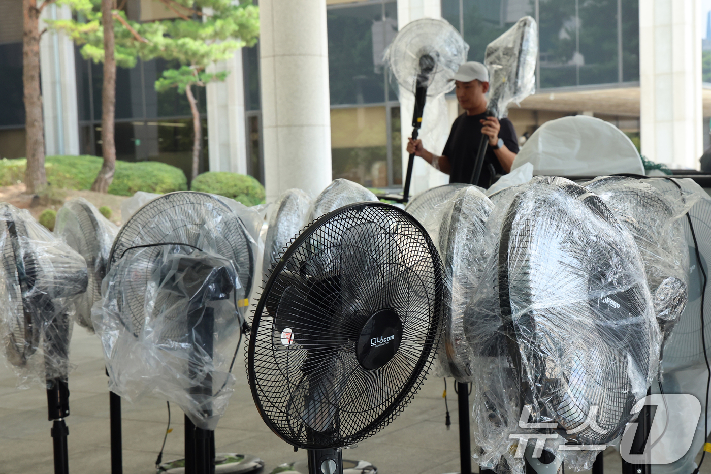 (서울=뉴스1) 황기선 기자 = 전국에 폭염특보가 발효된 8일 오후 서울 서초구 서울고등검찰청에 마련된 조은석 특별검사(내란특검 특검) 사무실 앞에서 관계자들이 선풍기를 특검 사무 …