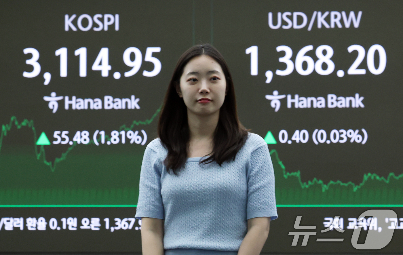 (서울=뉴스1) 오대일 기자 = 코스피가 미국발 관세 위협을 뚫고 다시 3100선을 회복한 8일 오후 서울 중구 하나은행 본점 딜링룸 전광판에 코스피 종가가 표시되고 있다.이날 코 …