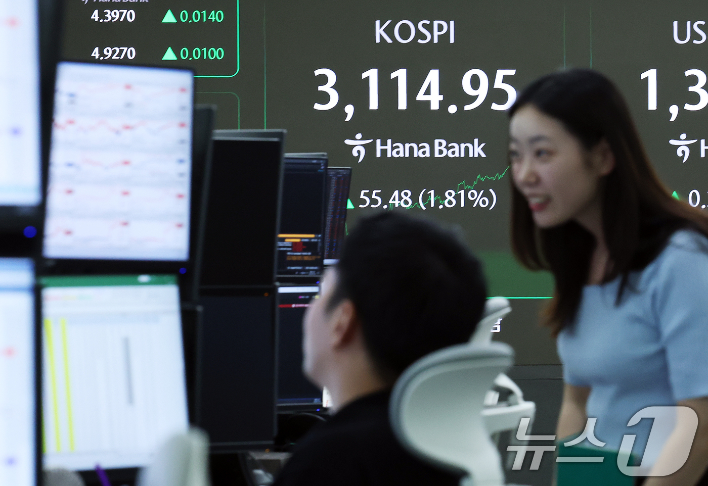 (서울=뉴스1) 오대일 기자 = 코스피가 미국발 관세 위협을 뚫고 다시 3100선을 회복한 8일 오후 서울 중구 하나은행 본점 딜링룸 전광판에 코스피 종가가 표시되고 있다.이날 코 …