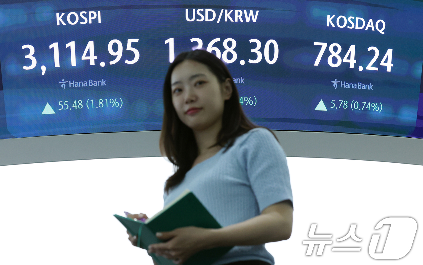 (서울=뉴스1) 오대일 기자 = 코스피가 미국발 관세 위협을 뚫고 다시 3100선을 회복한 8일 오후 서울 중구 하나은행 본점 딜링룸 전광판에 코스피 종가가 표시되고 있다.이날 코 …