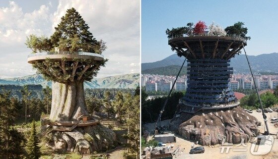 본문 이미지 - 창원시의 랜드마크가 될 것으로 기대를 모았던 초대형 인공나무 '빅트리'의 당초 조감도(왼쪽)와 막바지 공사가 진행 중인 빅트리 최근 모습(창원시 제공. 재판매 및 DB 금지)