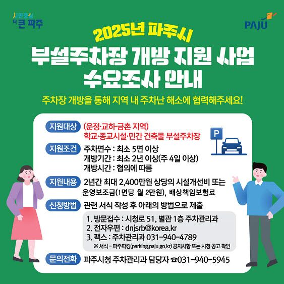 파주시 "주민에 빈 주차장 개방하면 1면당 월 2만원 지급"