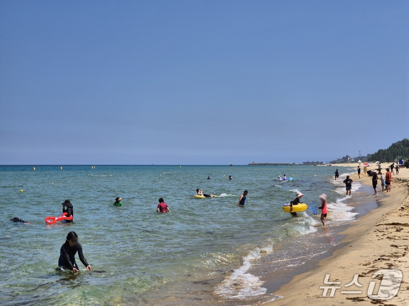본문 이미지 - 9일 개장한 강원 동해시 망상해수욕장을 찾은 피서객들이 물놀이를 즐기고 있다. 2025.7.9/뉴스1 윤왕근 기자