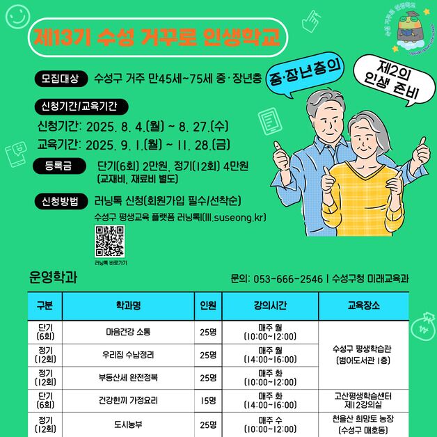 대구 수성구 '거꾸로 인생학교' 11개 학과 개설…수강생 모집
