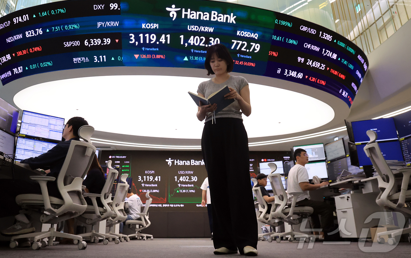 (서울=뉴스1) 김진환 기자 = 1일 오후 서울 중구 하나은행 딜링룸 전광판에 마감 시황이 나오고 있다.이날 코스피 지수는 전 거래일 대비 126.03포인트(3.88%) 내린 31 …