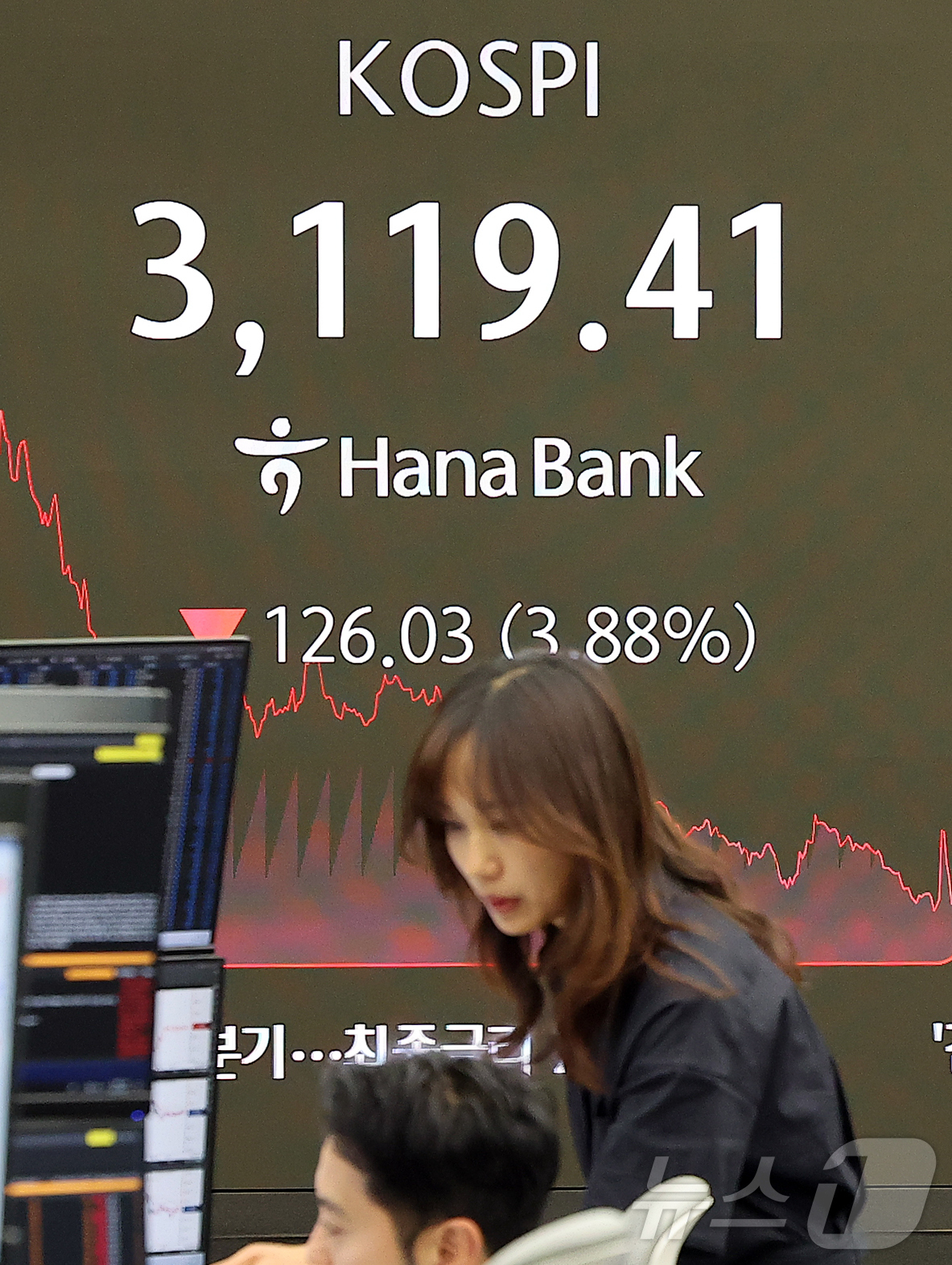 (서울=뉴스1) 김진환 기자 = 1일 오후 서울 중구 하나은행 딜링룸 전광판에 마감 시황이 나오고 있다.이날 코스피 지수는 전 거래일 대비 126.03포인트(3.88%) 내린 31 …