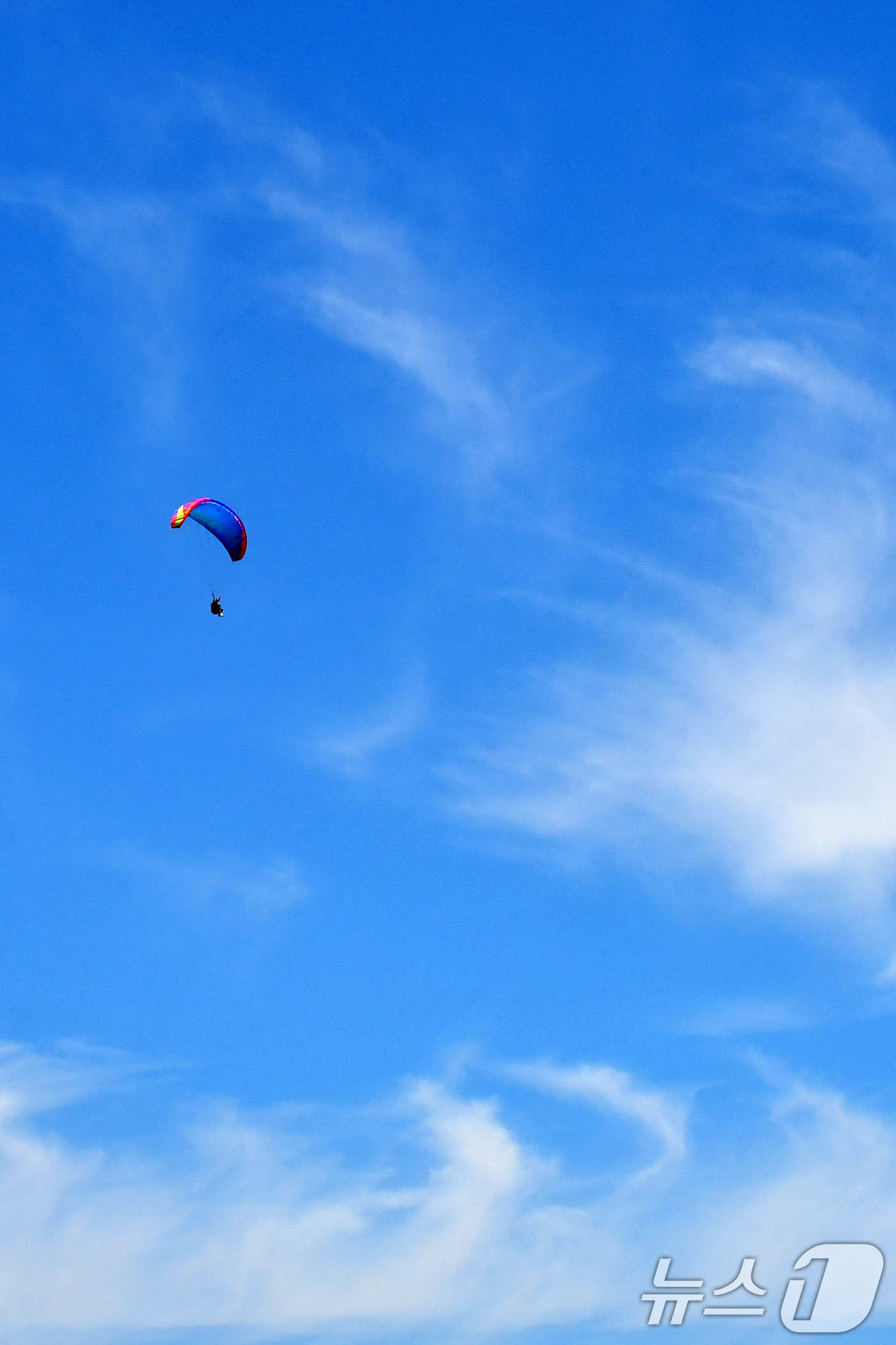 (포항=뉴스1) 최창호 기자 = 10일 경북 포항시 북구 흥해읍 곤륜산에서 페러글라이딩 동호인들이 파란 하늘을 배경삼아 비행하고 있다. 2025.8.10/뉴스1