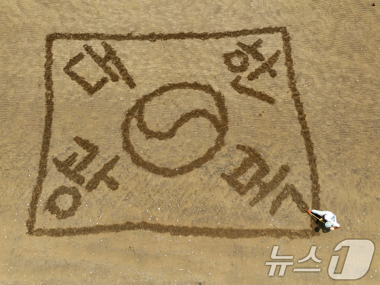 (포항=뉴스1) 최창호 기자 = 11일 서예가 김동욱 씨가 광복 80주년을 맞아 경북 포항시 송도해수욕장 백사장에서 광복절을 축하하는 태극기 퍼포먼스를 펼치고 있다. (서예가 김동 …