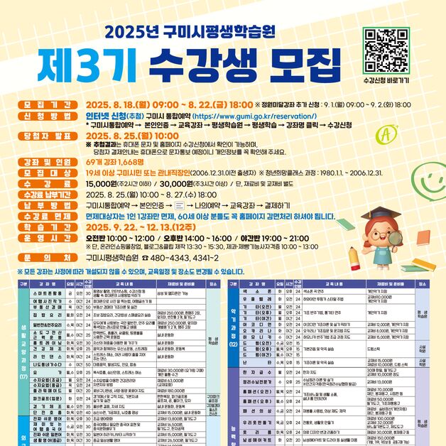 구미시 평생학습 수강생 1668명 모집…교양·악기 등 69개 강좌
