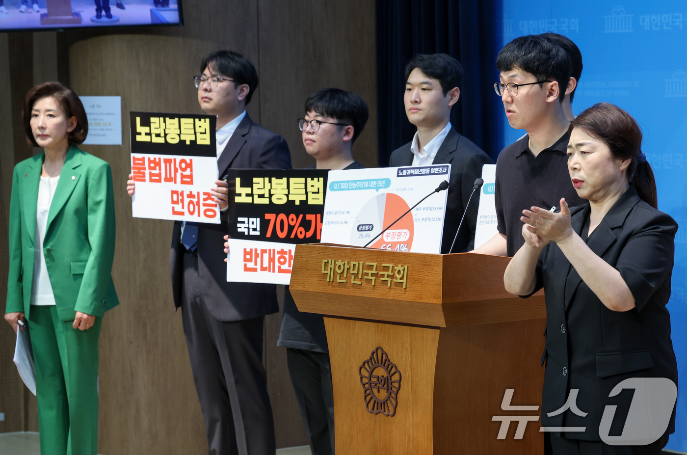 (서울=뉴스1) 안은나 기자 = 나경원 국민의힘 의원과 노동개혁청년행동이 12일 오전 서울 여의도 국회 소통관에서 오는 21일 본회의 상정을 앞둔 노란봉투법(노동조합 및 노동관계조 …