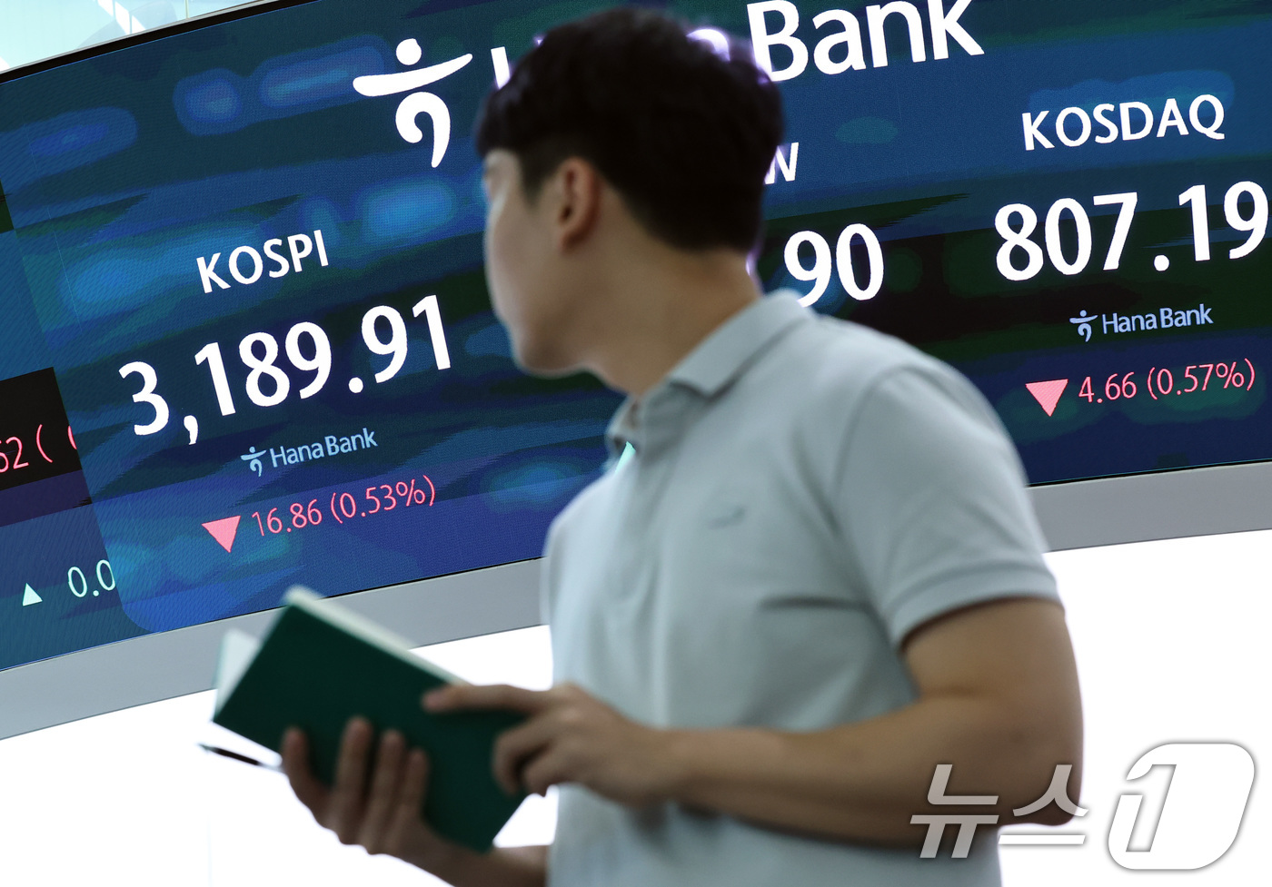 (서울=뉴스1) 구윤성 기자 = 외국인과 기관의 매도세를 보인 12일 오후 서울 중구 하나은행 본점 딜링룸 전광판 화면에 증시가 표시되고 있다.이날 코스피는 전 거래일 대비 16. …