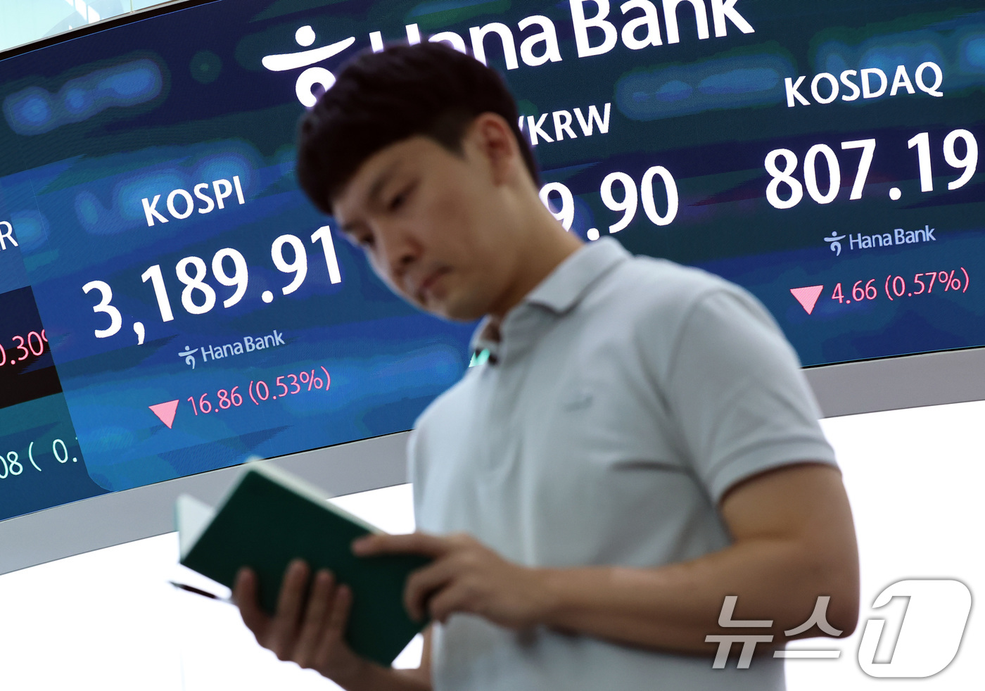 (서울=뉴스1) 구윤성 기자 = 외국인과 기관의 매도세를 보인 12일 오후 서울 중구 하나은행 본점 딜링룸 전광판 화면에 증시가 표시되고 있다.이날 코스피는 전 거래일 대비 16. …