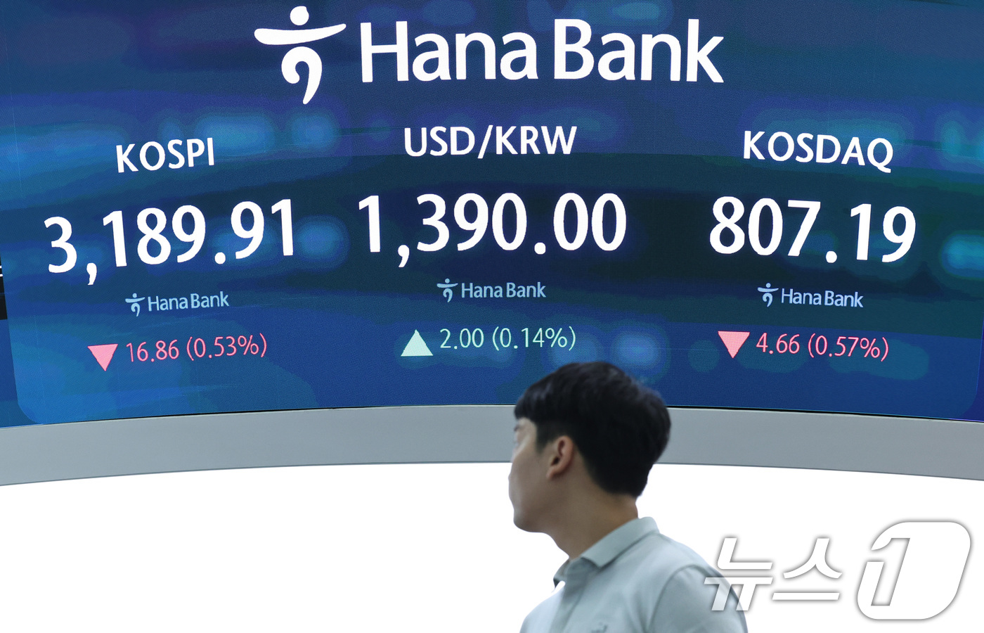 (서울=뉴스1) 구윤성 기자 = 외국인과 기관의 매도세를 보인 12일 오후 서울 중구 하나은행 본점 딜링룸 전광판 화면에 증시가 표시되고 있다.이날 코스피는 전 거래일 대비 16. …